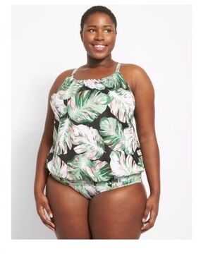 Cacique Plus Size Tropical Leaf Tankini in Green and Black
